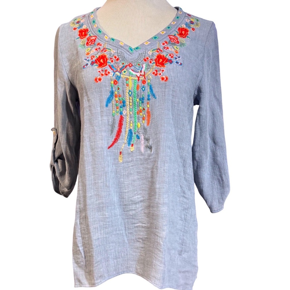 Adore Tunic Top Womens Medium Embroidered Boho Floral Blue Roll Tab Sleeve